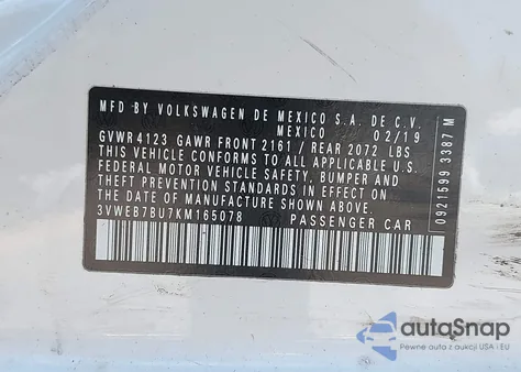 2019 Volkswagen Jetta 1.4T Sel from USA, damaged, VIN 3VWEB7BU7KM165078